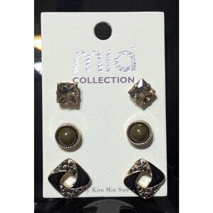 Mia‎ Collection 3 Pair Stud Earrings Set Gold Tone Black Crystal Fashion Jewelry